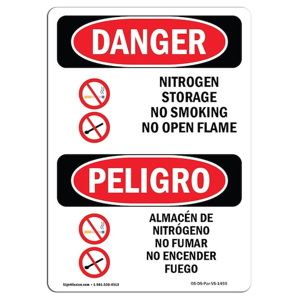 OSHA Sign, Nitrogen Storage No Smoking Bilingual, 18in X 12in Alum, 12" W, 18" L, Spanish